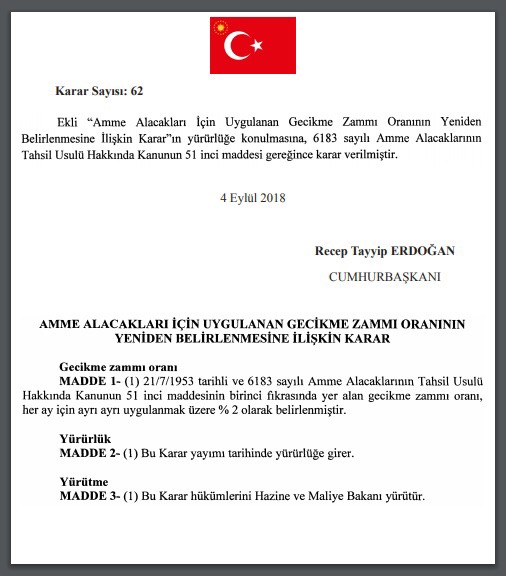 Gecikme Zammı 04.09.2018 Tarihinden İtibaren Aylık %2 Oldu